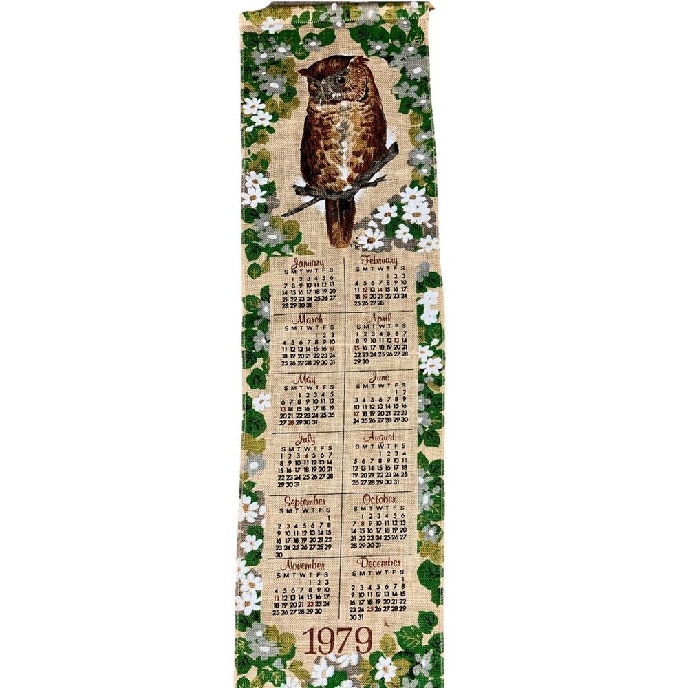 Linen 1979 Tea Towel Calendar Owl Green White Flowers Vintage 8"X 26" Vintage